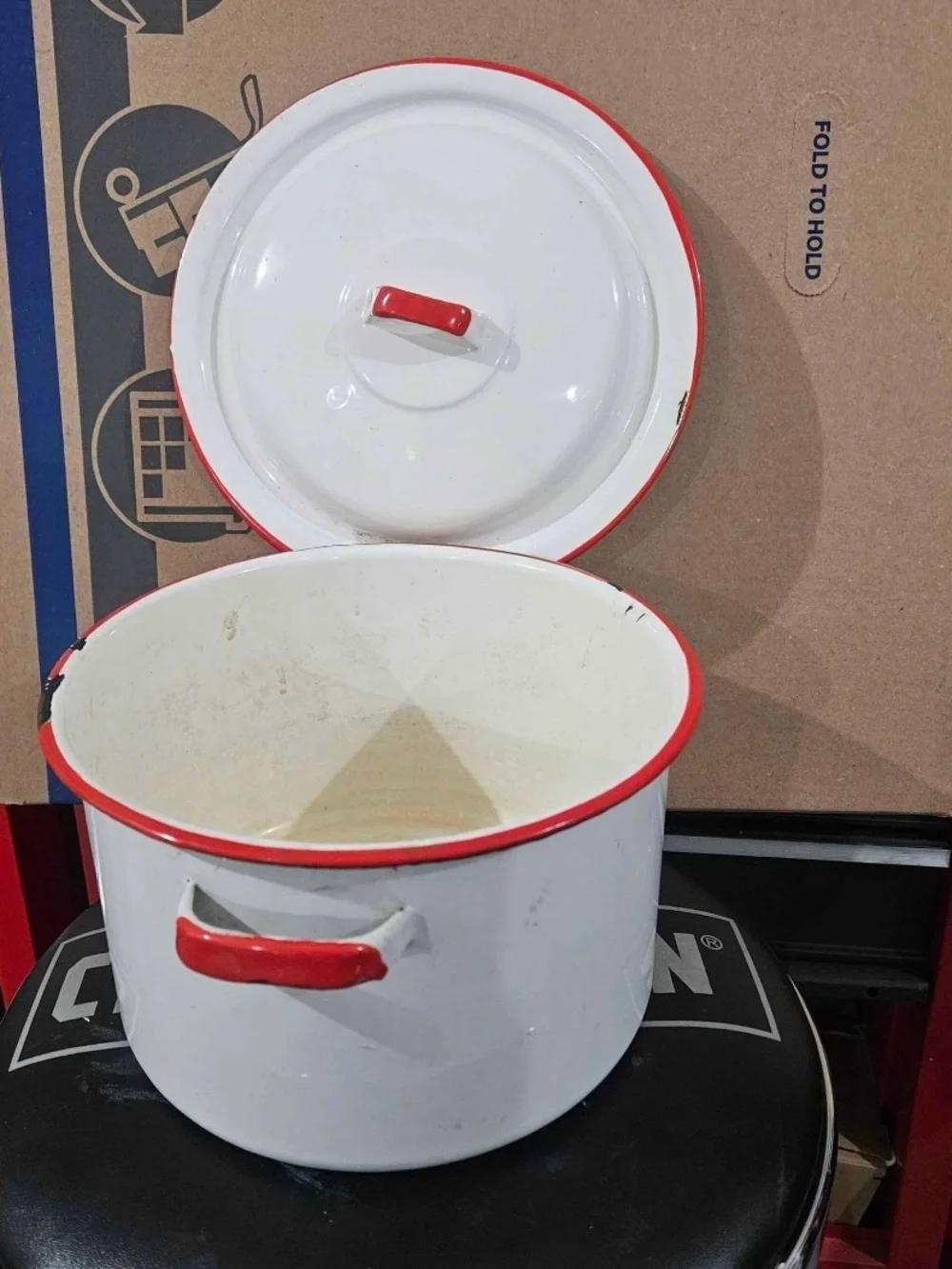Vintage Farmhouse White and Red Enamel Stock Pot with Lid